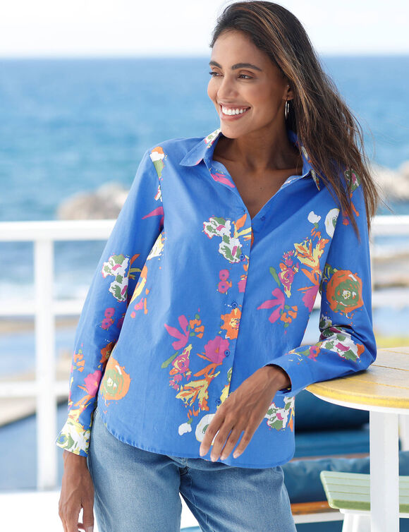 Chemise imprimé fleuri maxi, coton (bleu / multicolore)