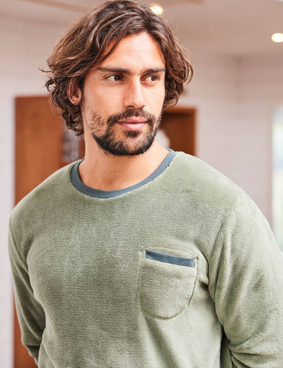 Pyjama pantalon bicolore maille polaire manches longues (kaki)