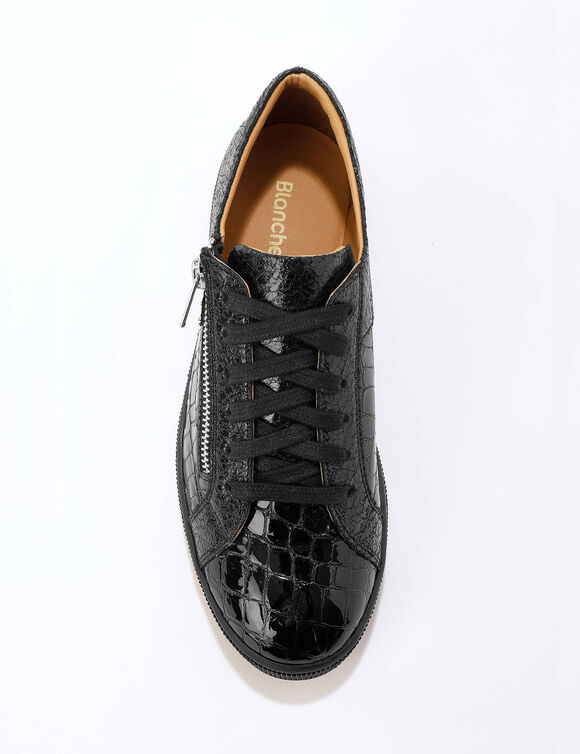 Lage sneakers in soepel leer met kroko-effect en rits (zwart)