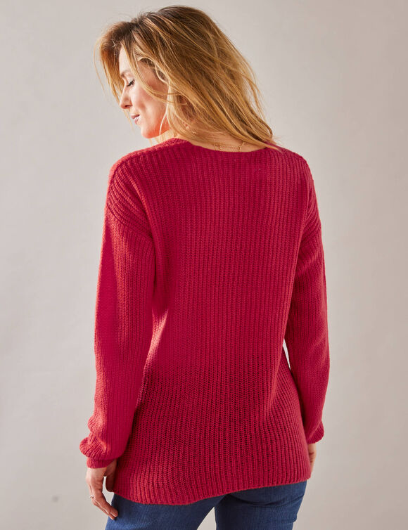 Trui met V-hals, patenttricot met zachte touch (framboos)