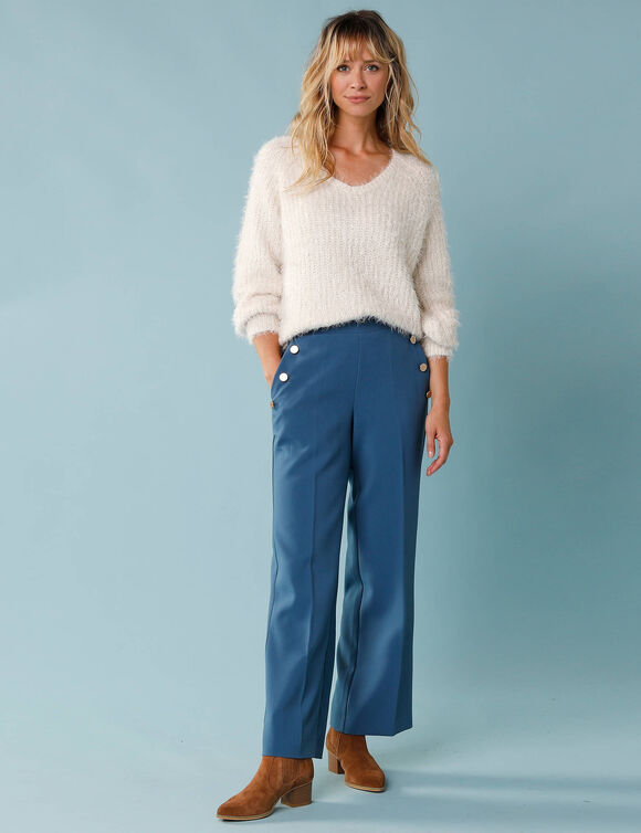 Pull col V spécial Petites, volume "loose" maille perlée fantaisie (écru)