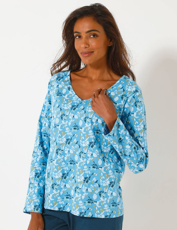 Haut de pyjama manches longues imprim&eacute; fleuri (bleu / &eacute;cru)