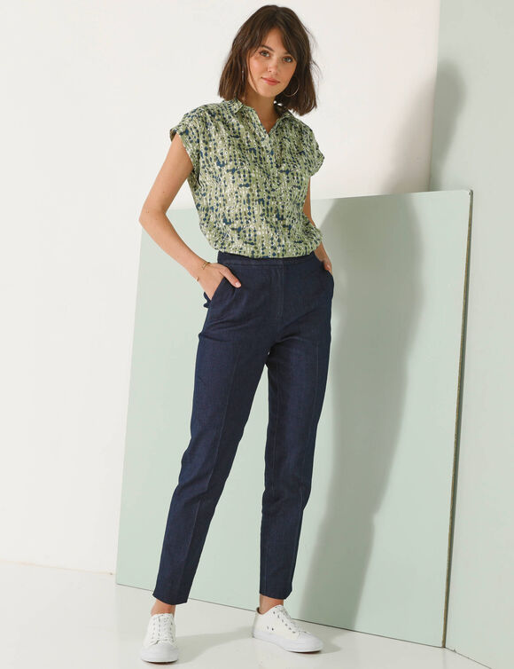 Blouse manches courtes à revers, imprimé minimaliste (vert / marine)