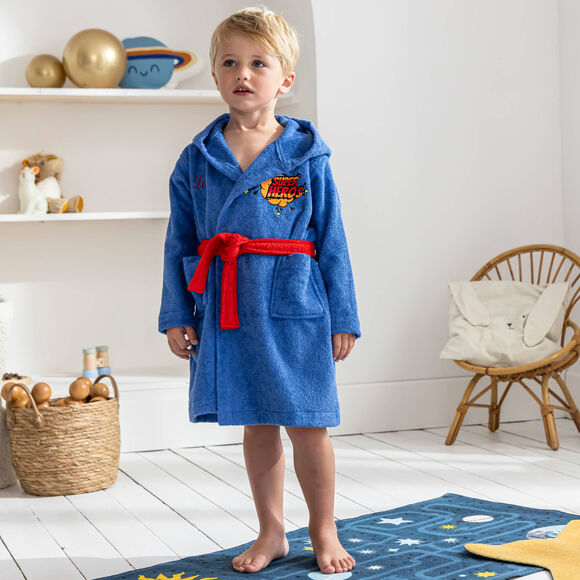 Personaliseerbare badjas voor kinderen met capuchon in stijl van een super held (felblauw)