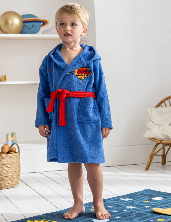Personaliseerbare badjas voor kinderen met capuchon in stijl van een super held (felblauw)