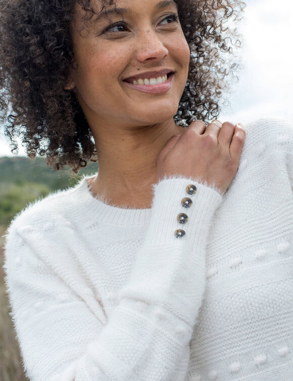 Pull col rond, maille poilue fantaisie (&eacute;cru)