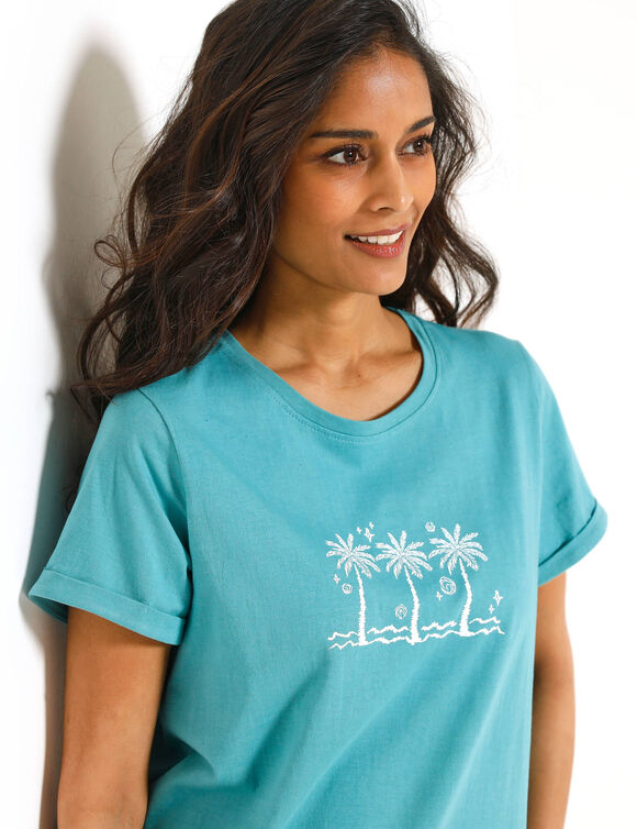 T-shirt manches courtes, imprim&eacute; palmiers devant (celadon / wit)