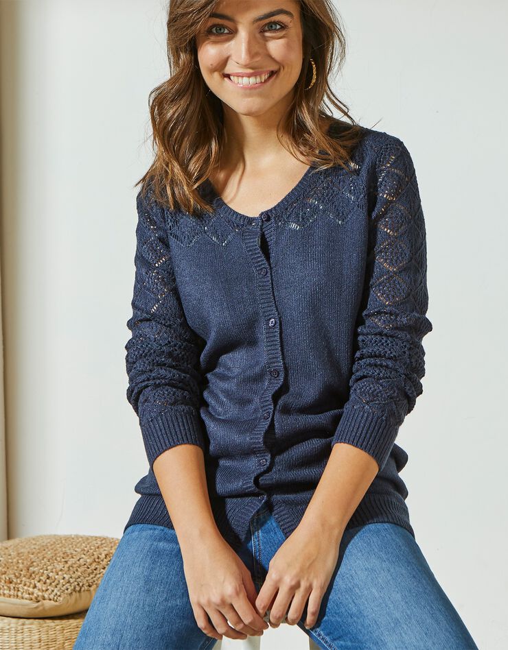 Cardigan in ajourtricot, marine Cardigan in ajourtricot, marine, hi-res image number 2