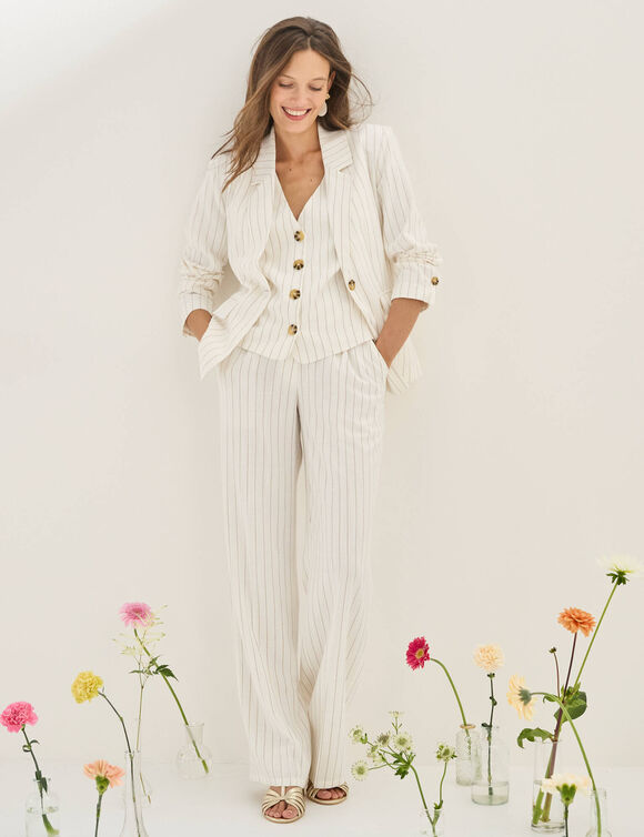 Pantalon large fluide ray&eacute;, viscose-lin (blanc cass&eacute;)