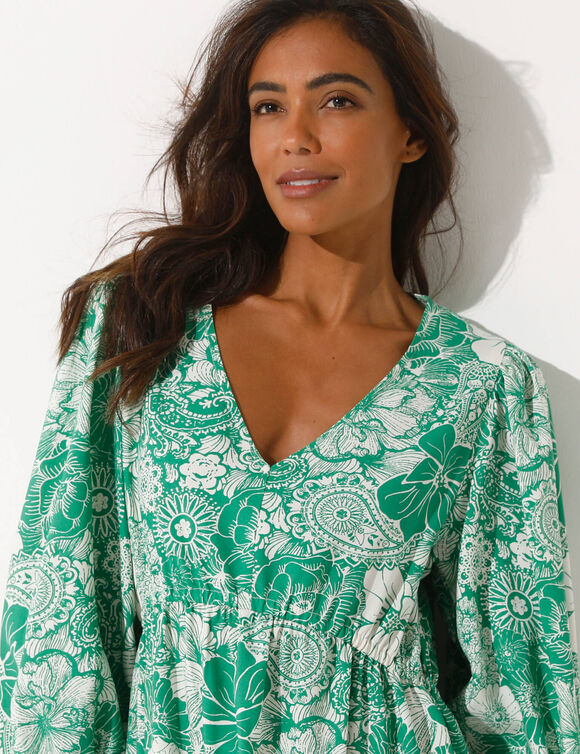 Robe courte imprimé fleuri (écru / vert)