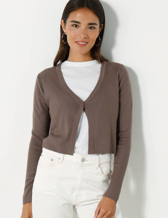 Gilet boléro, maille côtelée (taupe)