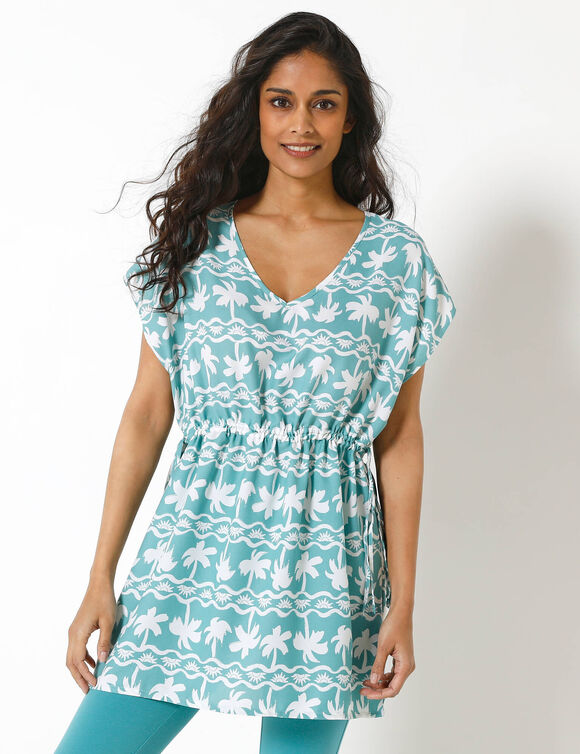 Tunique col V manches courtes, imprim&eacute; palmiers (c&eacute;ladon / blanc)