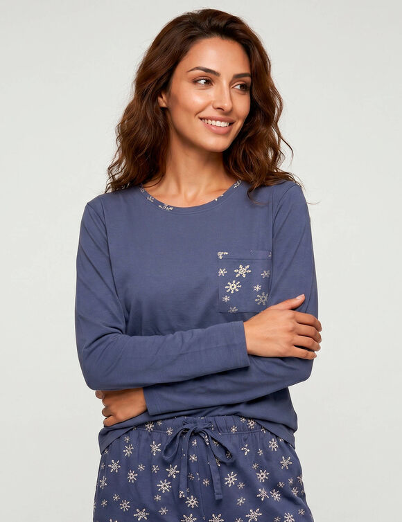 Pyjama pantalon imprim&eacute; flocons, jersey pur coton (bleu / &eacute;cru)