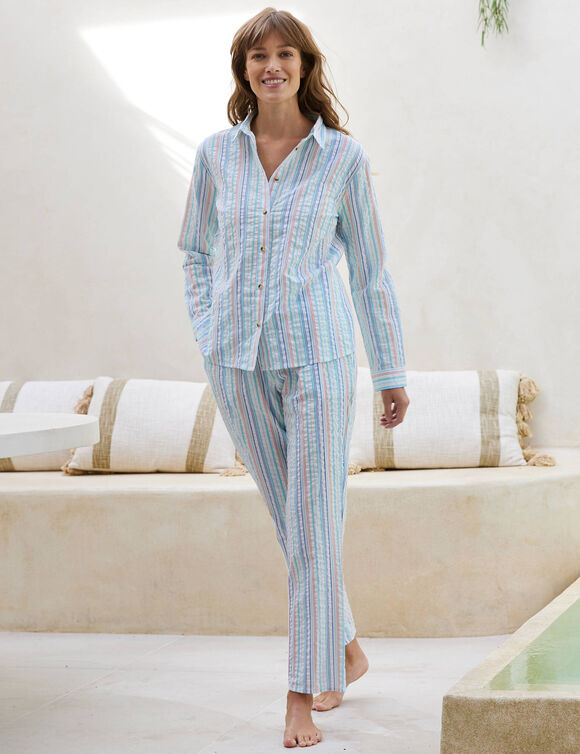 Pyjama boutonné en seersucker - col chemisier  (écru / bleu)