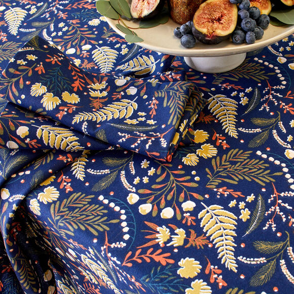 Serviette de table en coton imprim&eacute; herbier - lot de 3  (marine)