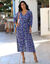 Lange jurk in crepon met knoopsluiting en print  (blauw / groen)