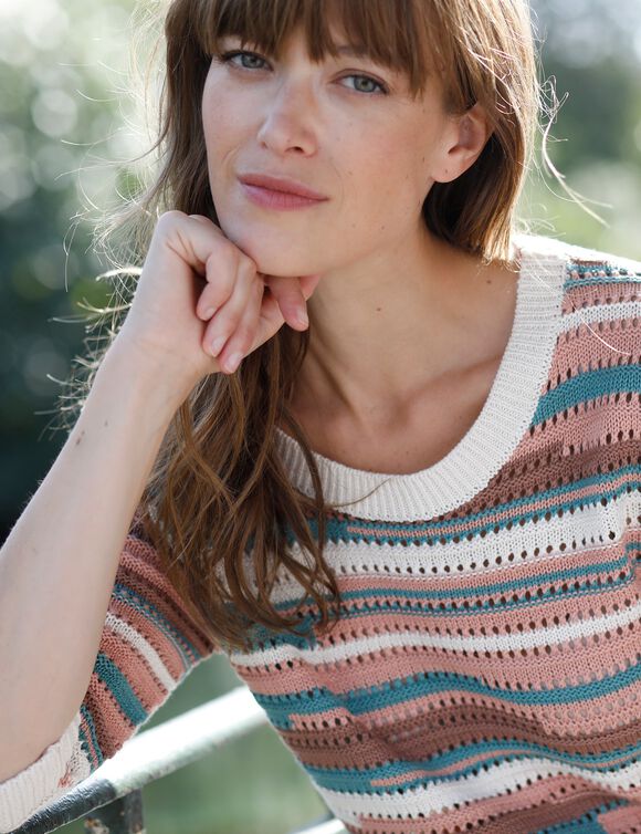 Gestreepte trui, ajourtricot (ecru / taupe)