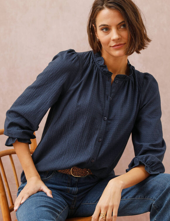 Chemisier uni volant&eacute; en coton textur&eacute; (marine)