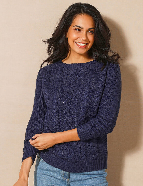 Trui in kabeltricot, ronde hals (marine)