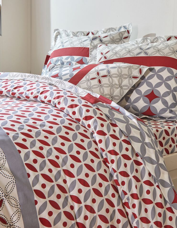 Bedlinnen Marlow, katoen met geometrische motieven (grijs / rood)