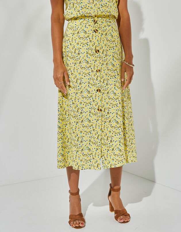 Soepele rok met knoopsluiting en bloemenprint (geel)