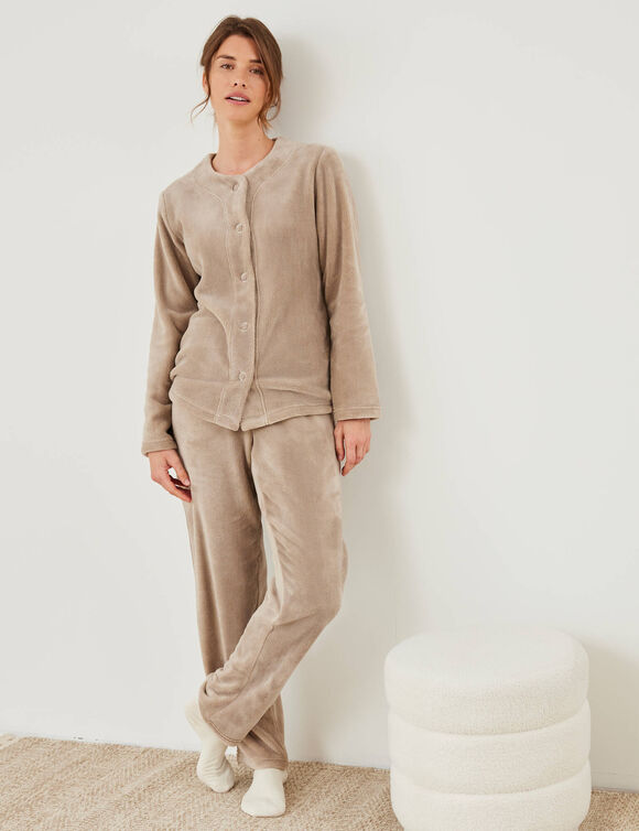 Pyjama veste boutonnée manches longues, maille polaire (taupe clair)