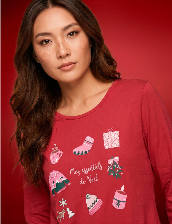 Chemise de nuit manches longues imprim&eacute; No&euml;l (rouge)
