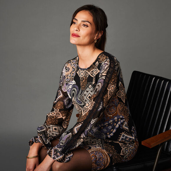 Robe droite imprimé patchwork (noir / beige)