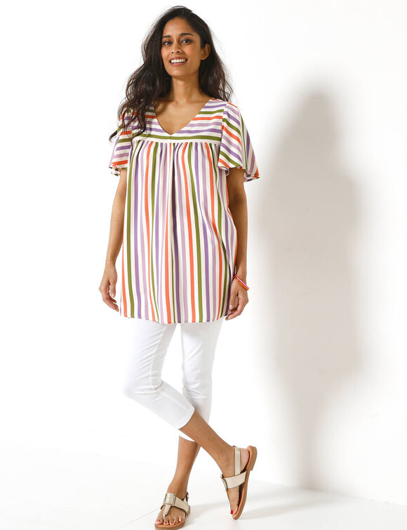 Tunique ray&eacute;e col V, manches papillon (multicolore)