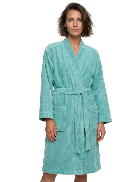 Peignoir court adulte col kimono  - &eacute;ponge bouclette 380 g/m&sup2; (vert d'eau)