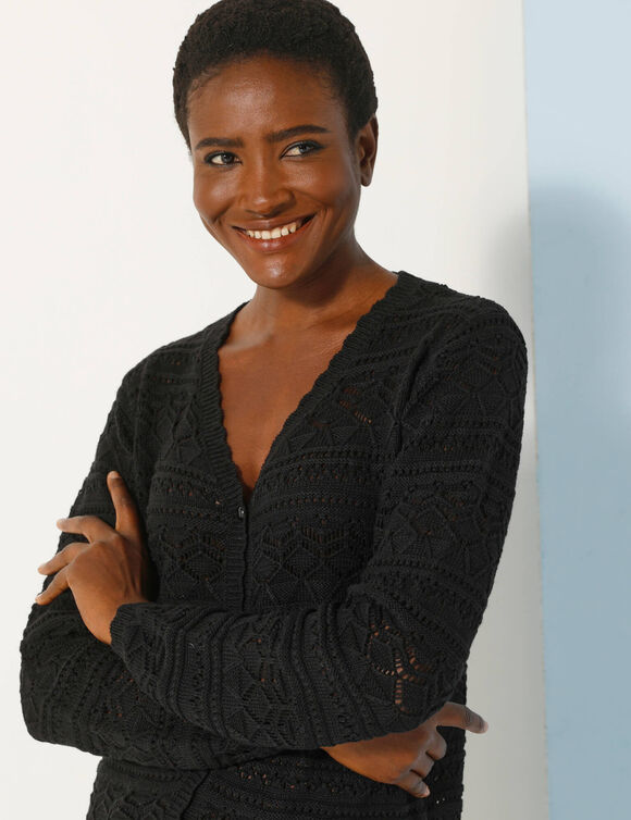 Gilet col V boutonné, maille fantaisie (noir)