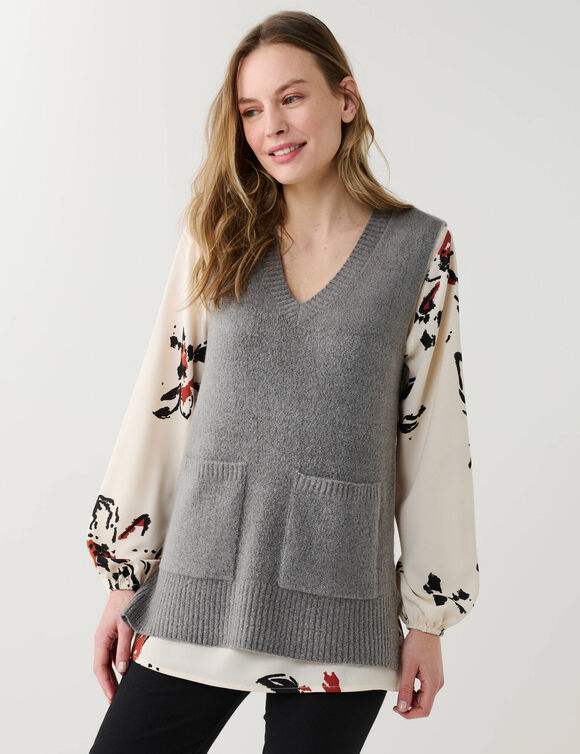 Pull tunique sans manches col V, maille moelleuse (anthracite chin&eacute;)