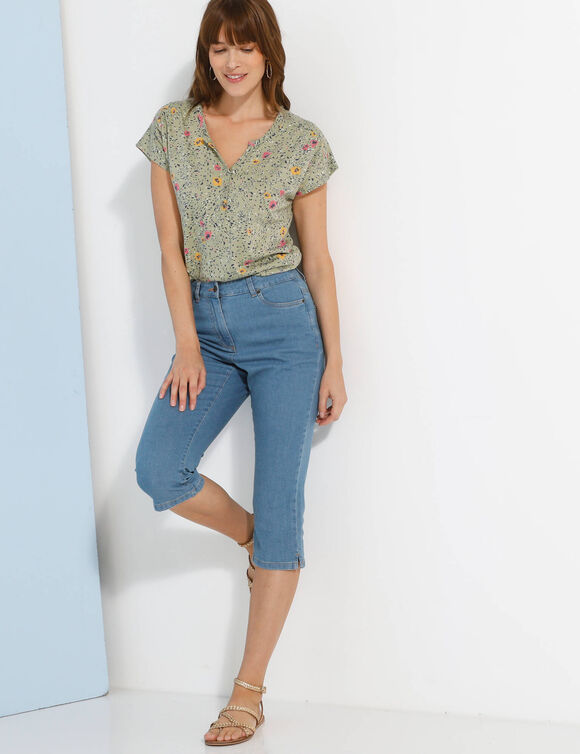 T-shirt col tunisien manches courtes, imprimé (kaki)