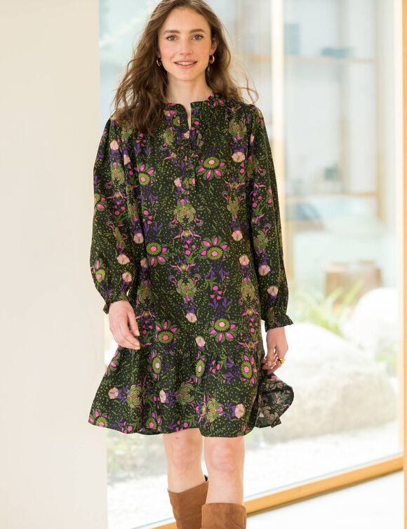 Robe évasée à col volanté, imprimé (kaki)