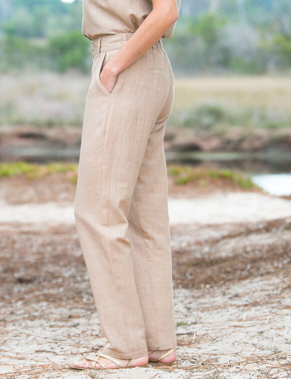 Pantalon coupe mom coton-lin uni (beige)