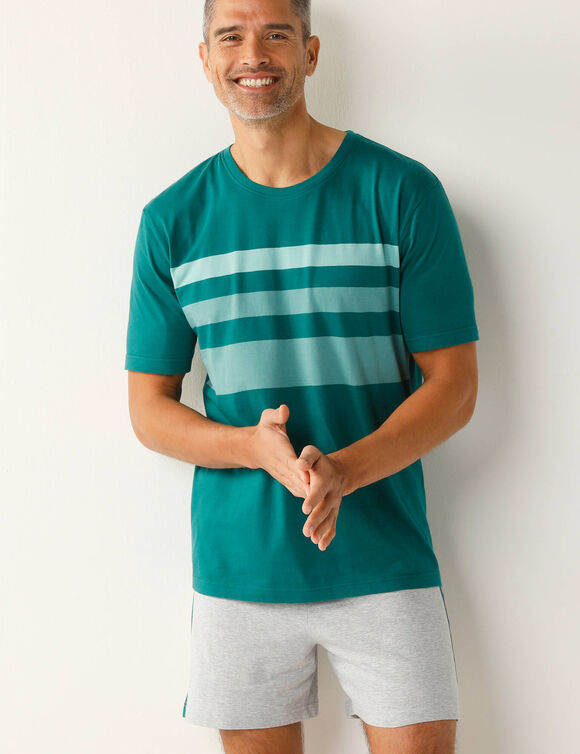 Shortama in katoen, geplaatste strepen, ronde hals (groen / grijs)