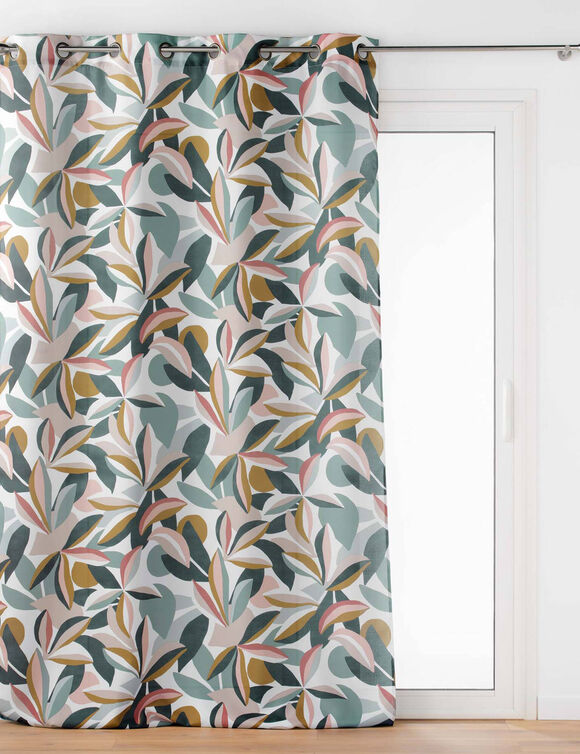 Gordijn met bladerenprint (wit / blauw)