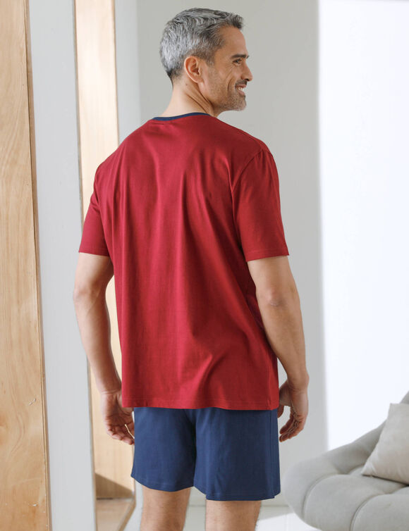 Shortama met contrasterende V-hals en korte mouwen (steenrood / marine)