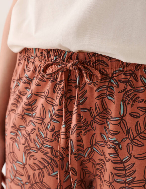 Pyjamabroek in katoen, met 'bladeren' print en bindlintje (terracotta)
