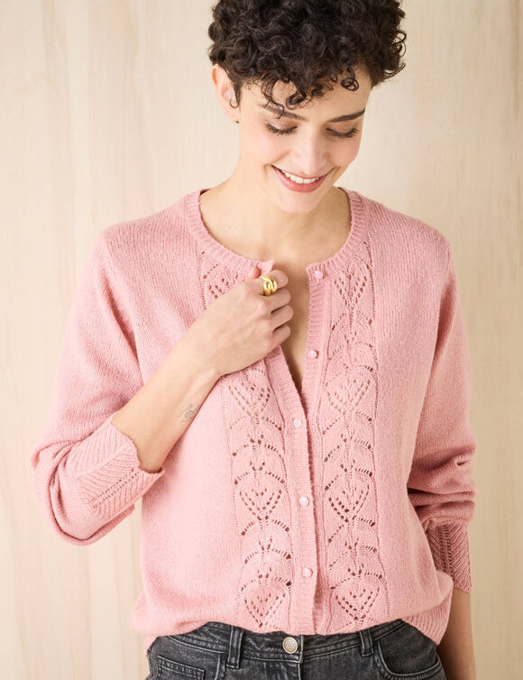 Gilet boutonné, maille ajourée (rose grisé)