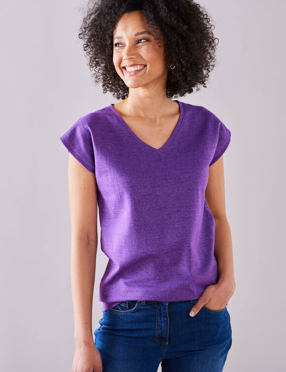 T-shirt col V, maille fantaisie brillante (violet)