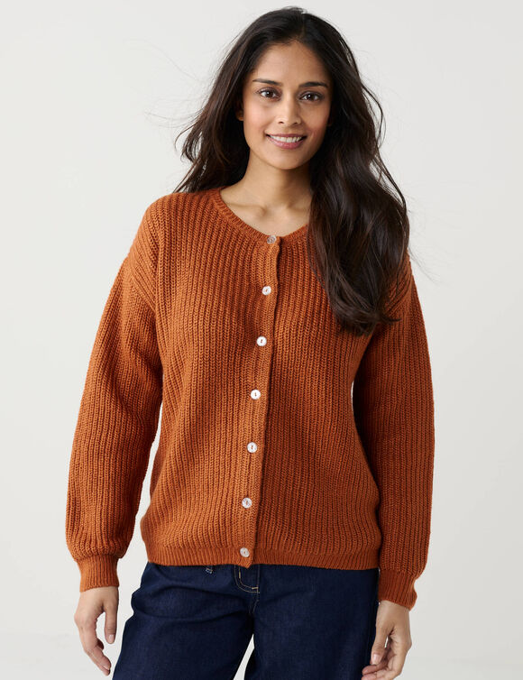 Cardigan &agrave; boutons paillet&eacute;s, maille anglaise (caramel)