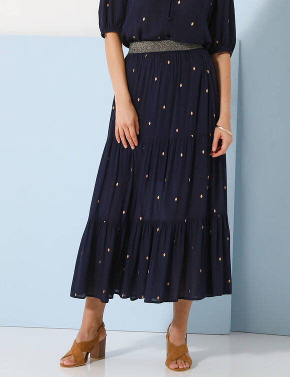 Jupe longue volant&eacute;e imprim&eacute; dor&eacute;, cr&eacute;pon (marine / dor&eacute;)