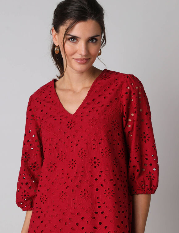Robe broderie anglaise manches 3/4 (rouge fonc&eacute;)