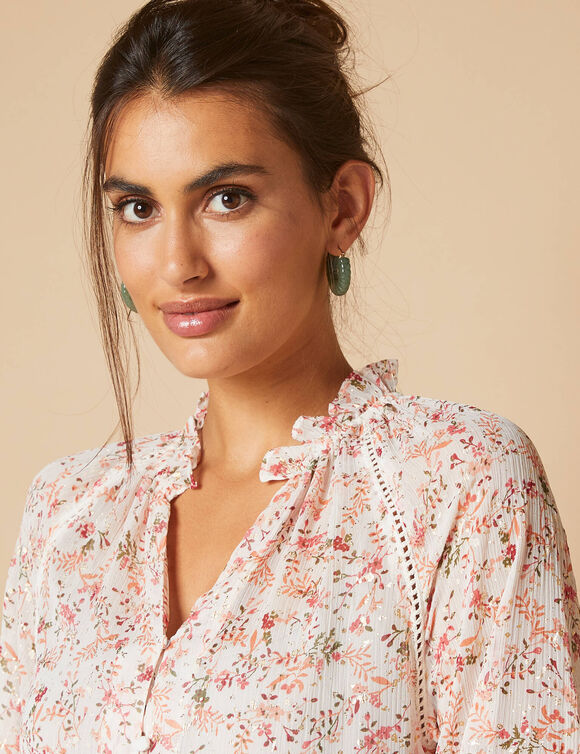 Chemise voile imprimé fleuri, surimpression dorée (écru / rose)