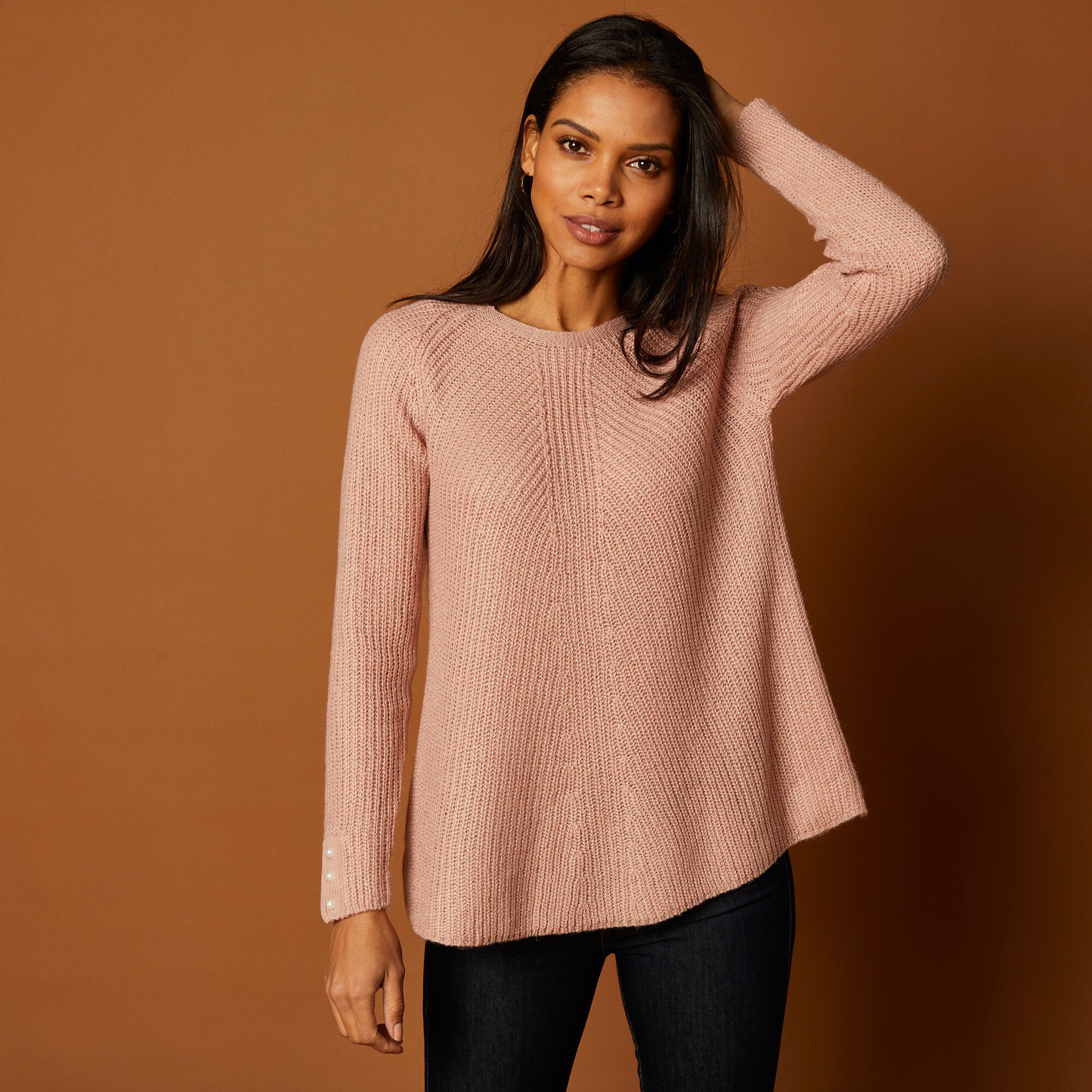 Trui in patenttricot met uitlopend model poederroze Blancheporte