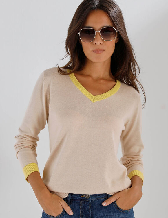 Pull col V bicolore (beige / geel)