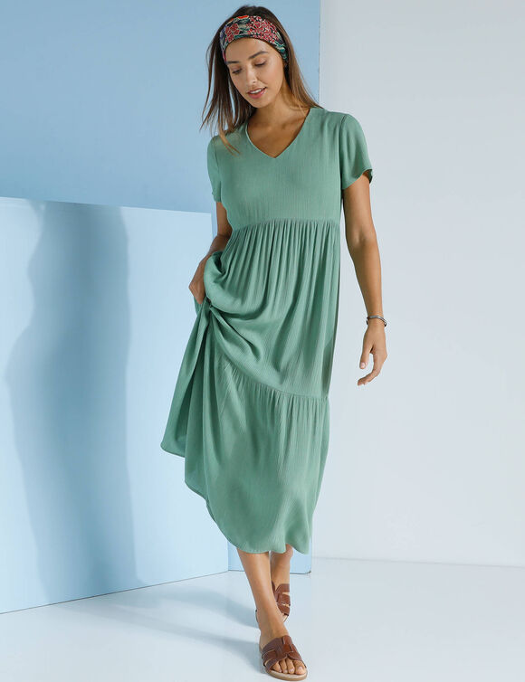Robe col V longue unie, cr&eacute;pon (kaki clair)