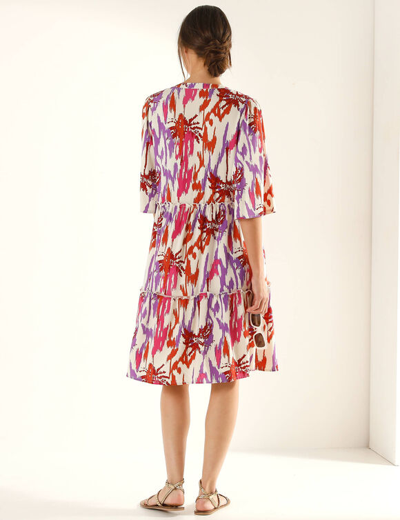 Robe col tunisien imprim&eacute;e, manches &eacute;vas&eacute;es (&eacute;cru / violet)