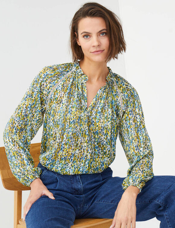 Blouse en voile imprim&eacute; tachiste (bleu gris&eacute;)